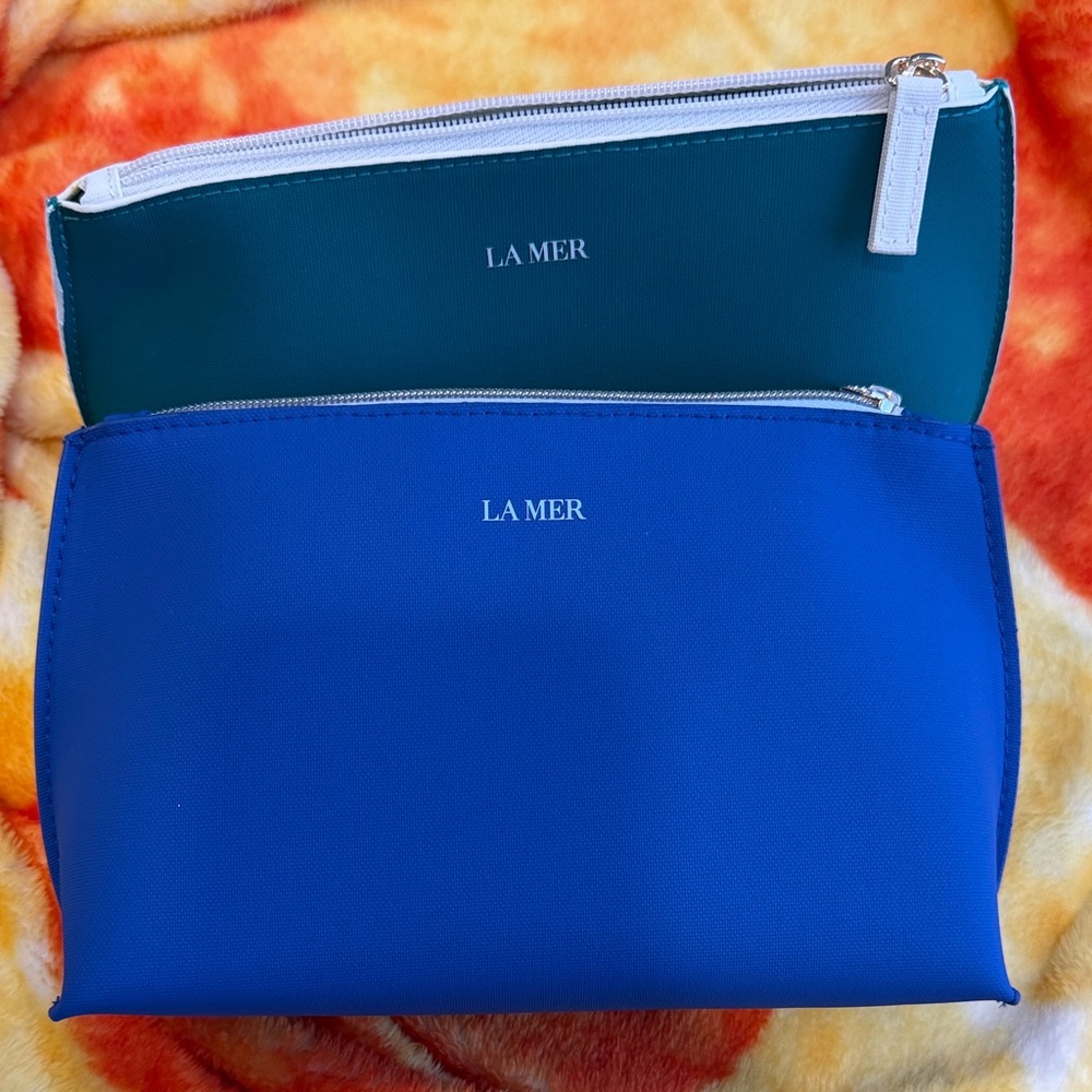 La Mer Blue and Teal Zip Cosmetic Pouches – Set of 2